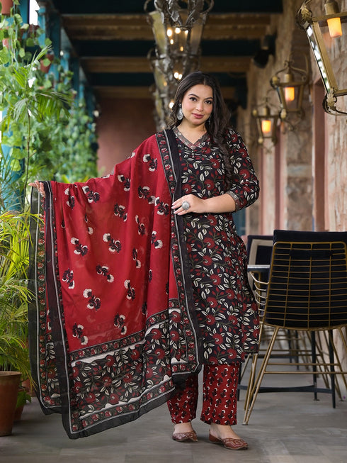 Women Plus Size Black Pure Cotton Kurta Set With Dupatta